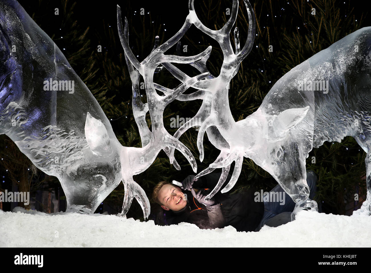 Master ice sculptor Jack Hackney puts the finishing touches to an ice ...