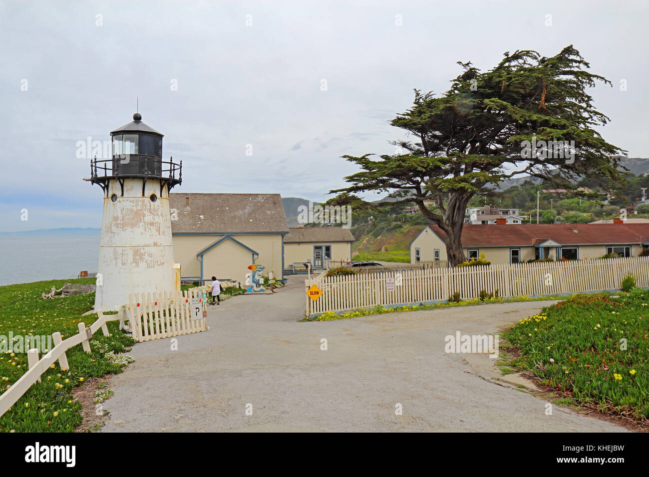 MONTARA, CALIFORNIA - MARCH 16 2015: Lighthouse, displays and entrance to the Point Montara Lighthouse Hostel off of California Highway 1 approximatel Stock Photo