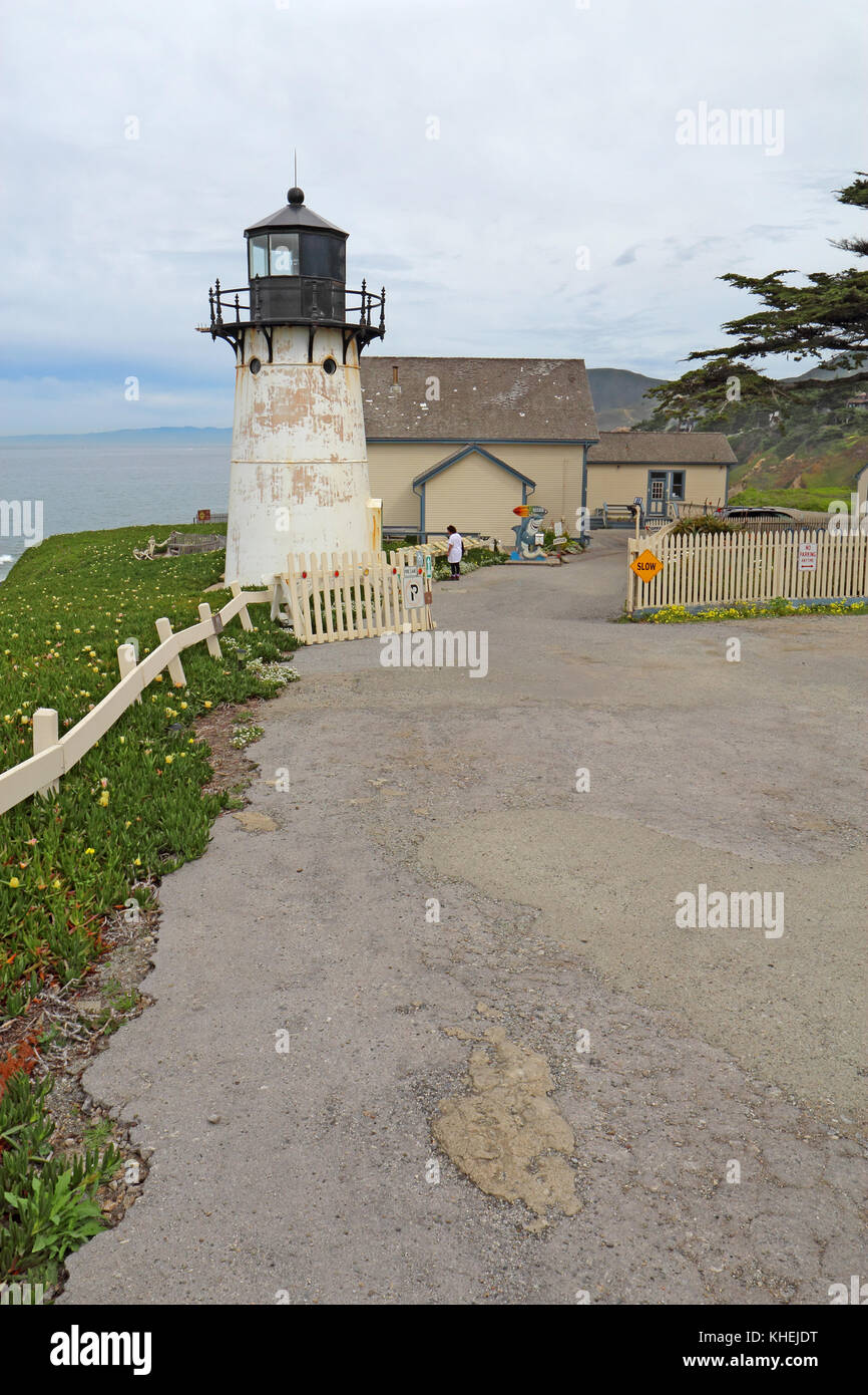 MONTARA, CALIFORNIA - MARCH 16 2015: Lighthouse, displays and entrance to the Point Montara Lighthouse Hostel off of California Highway 1 approximatel Stock Photo