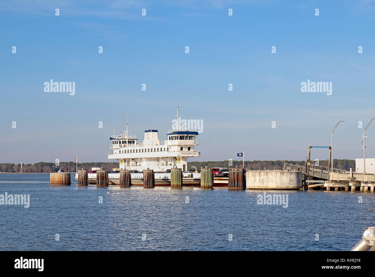SCOTLAND, VIRGINIA - FEBRUARY 20 2017: Ferry boat Pocahontas at the Jamestown-Scotland Ferry, which runs between Jamestown Island and Surrey. This his Stock Photo