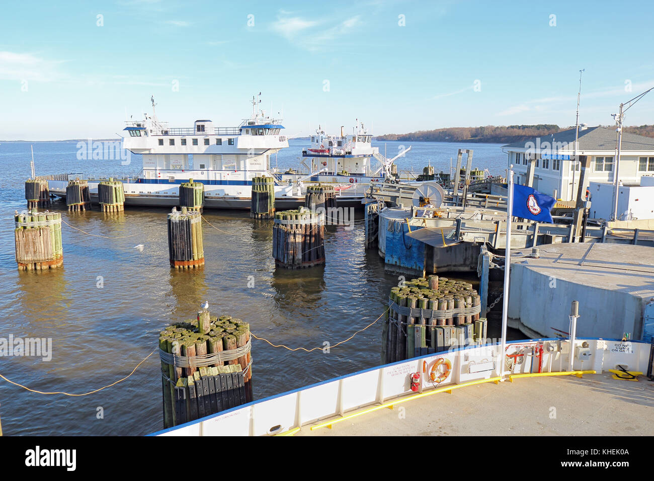 SCOTLAND, VIRGINIA - FEBRUARY 20 2017: Ferry boat docked at the Jamestown-Scotland Ferry, which runs between Jamestown Island and Surrey. This histori Stock Photo
