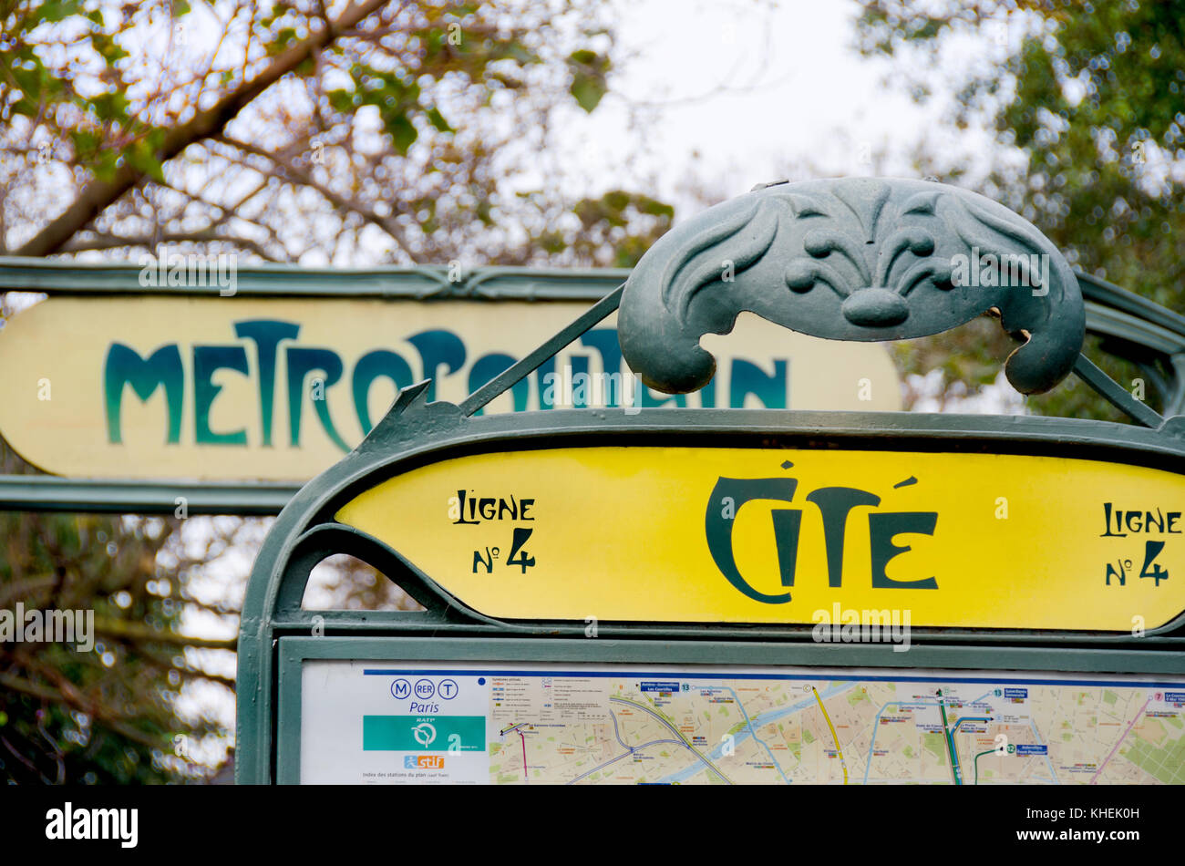 Paris, France. Paris Metro station (Cite) sign, traditional design by Hector Guimard in Art Nouveau style Stock Photo