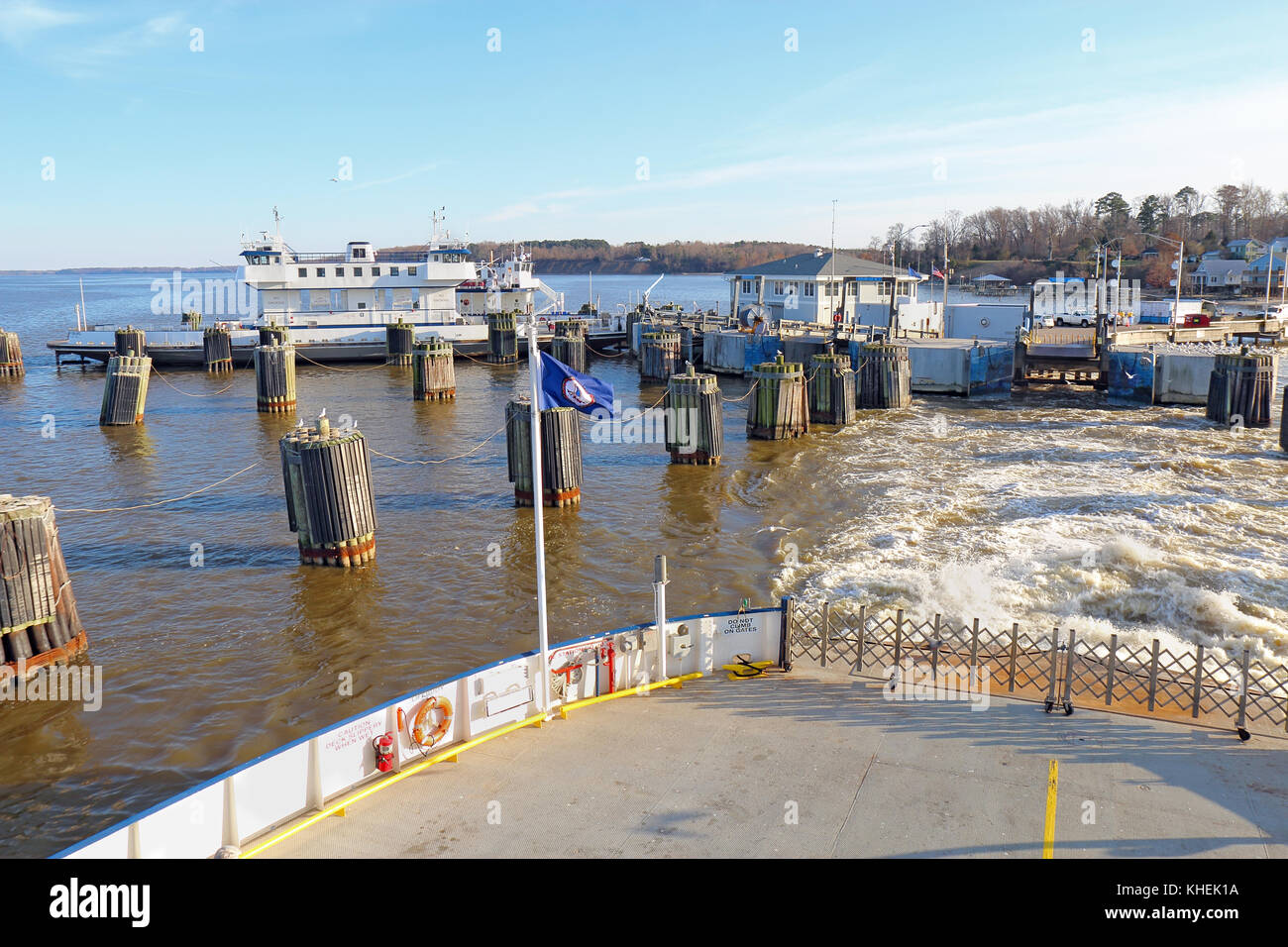 SCOTLAND, VIRGINIA - FEBRUARY 20 2017: Ferry boat leaving the Jamestown-Scotland Ferry docks on its run between Jamestown Island and Surrey. This hist Stock Photo