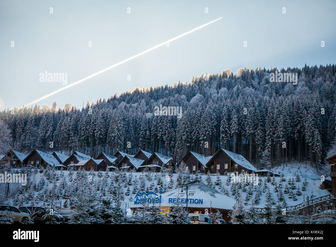 Bukovel, Ukraine December 22, 2016 The wooden houses in the