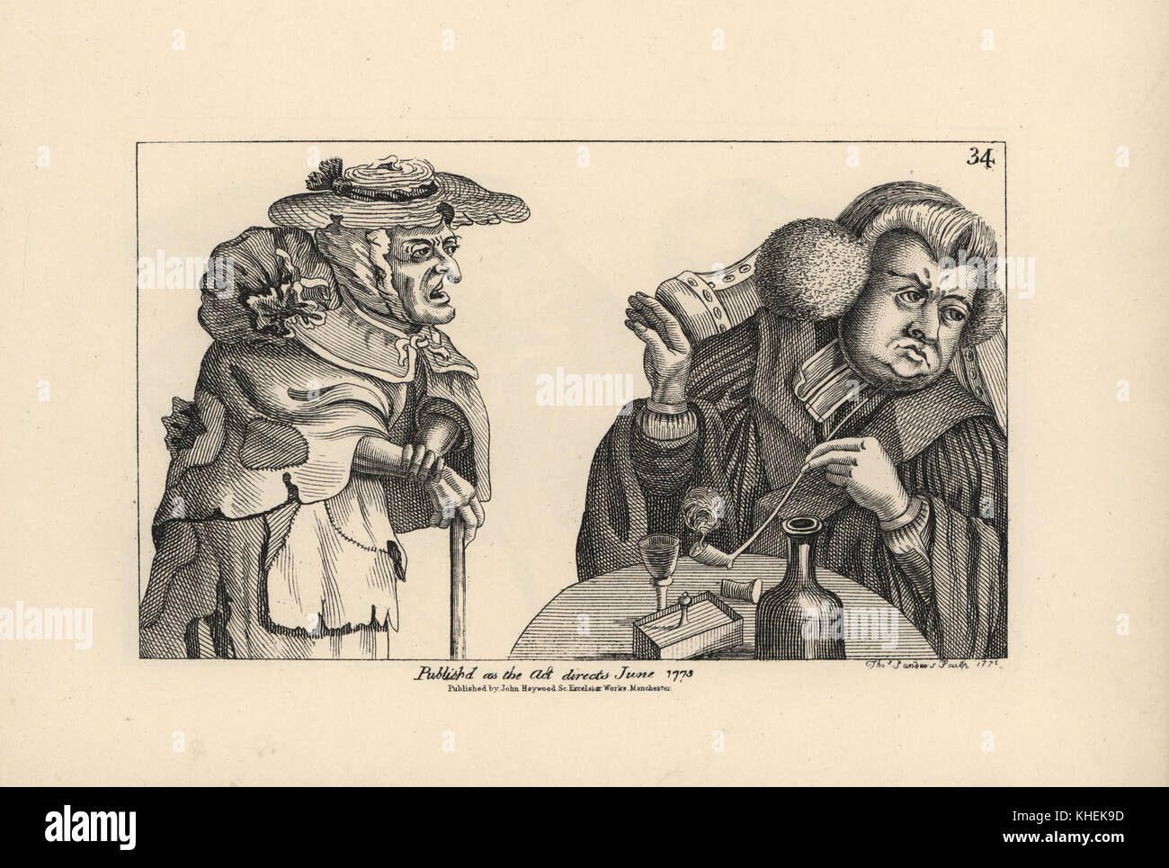 A plump rich vicar with tobacco pipe and liquor ignores the entreaties of a poor old woman. Copperplate engraving by Thomas Sanders after a satirical illustration by Timothy Bobbin (John Collier) from Human Passions Delineated, John Haywood, Manchester, 1773. Stock Photo