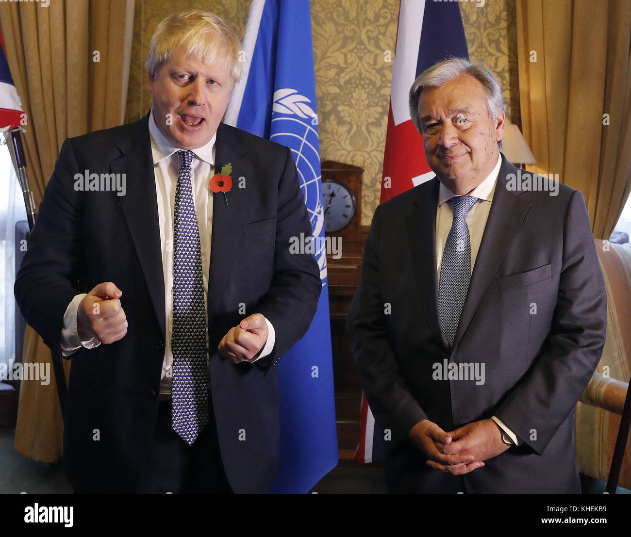 Foreign Secretary Boris Johnson, (left), and UN Secretary General Antonio Guterres, ahead of a meeting, at the Foreign & Commonwealth Office in London. Stock Photo