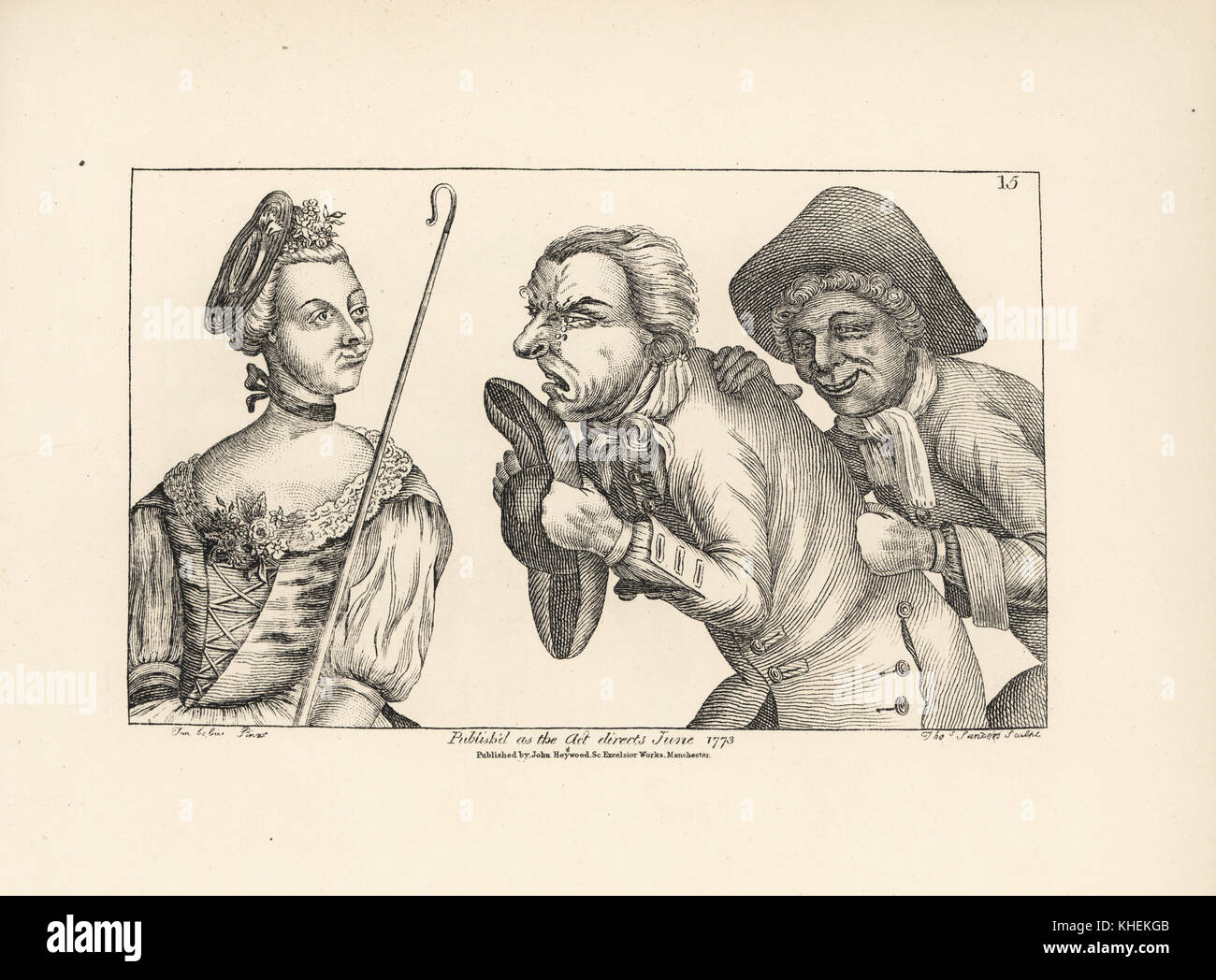 The comical figures of Simon and Mopsus with the lovely Phillida. From Colley Cibber's comic opera Damon and Phillida, 1729. Copperplate engraving by Thomas Sanders after a satirical illustration by John Collier (Timothy Bobbin) in Human Passions Delineated, John Haywood, Manchester, 1773. Stock Photo