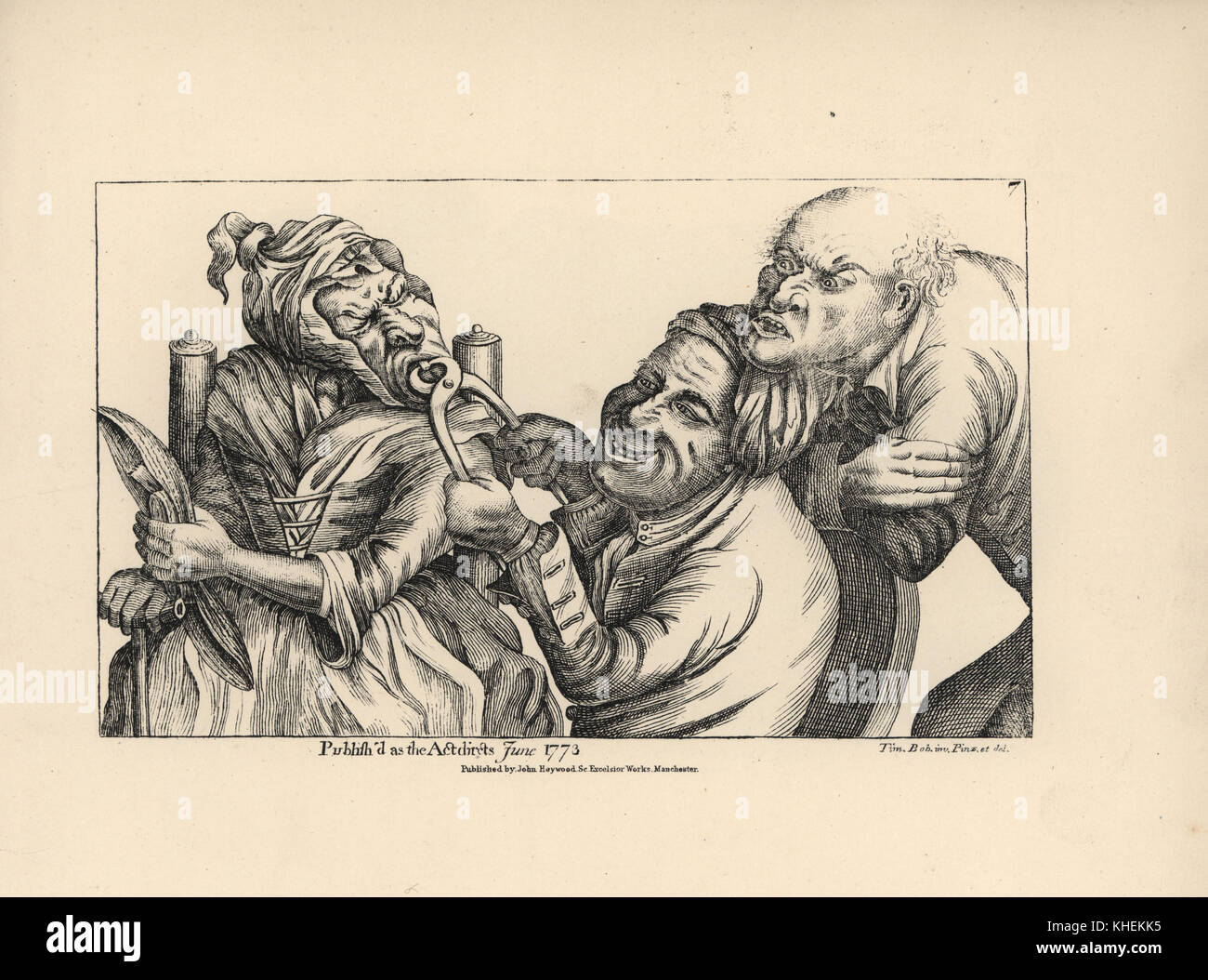 Dentist laughing as he uses pincers to pull a bad tooth from the mouth of an old woman. Copperplate engraving after a satirical illustration by Timothy Bobbin (John Collier) from Human Passions Delineated, John Haywood, Manchester, 1773. Stock Photo