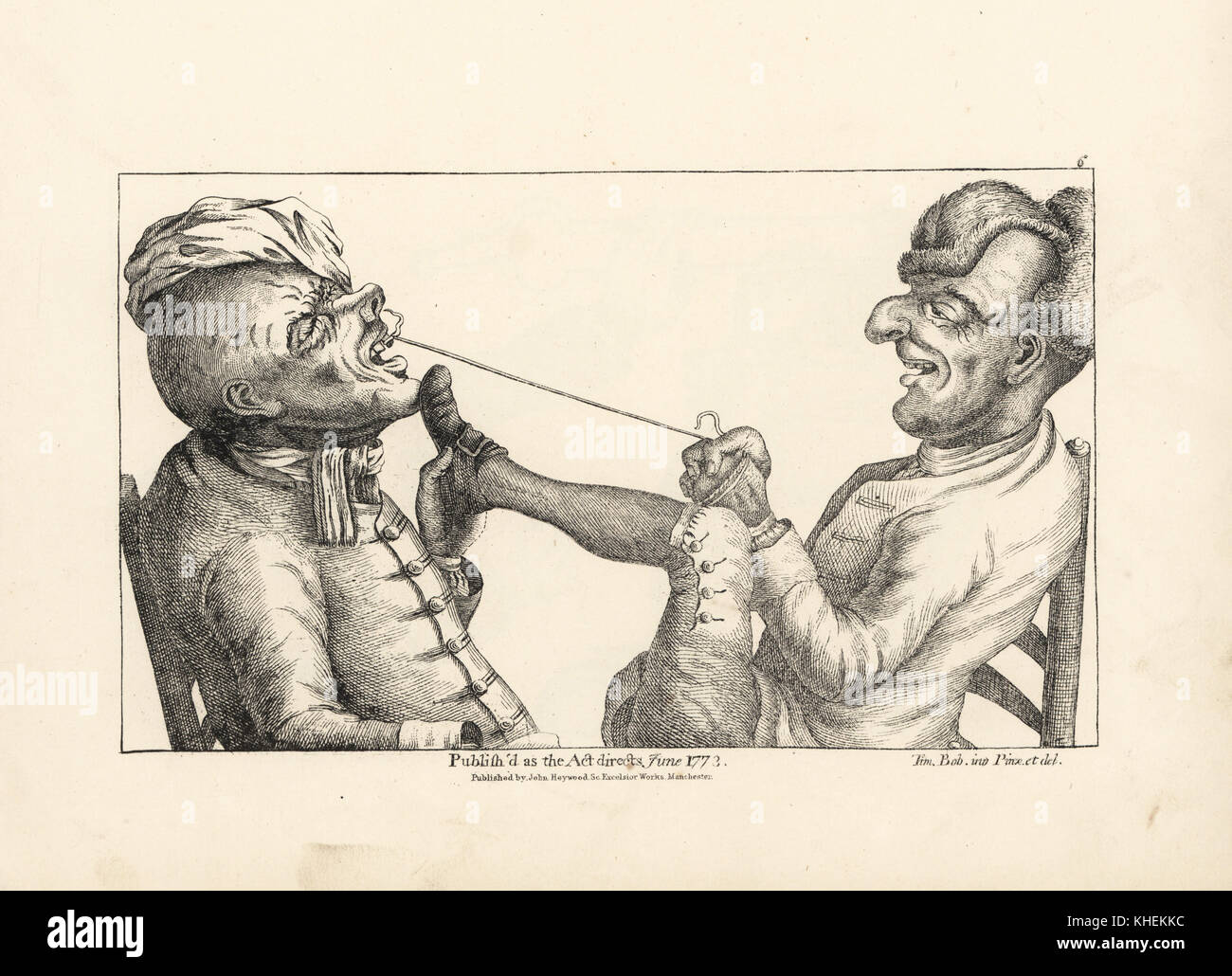 A physician in a bad wig laughing as he rests his foot on his patient's chin and tries to pull a tooth with string. Copperplate engraving after a satirical illustration by Timothy Bobbin (John Collier) from Human Passions Delineated, John Haywood, Manchester, 1773. Stock Photo