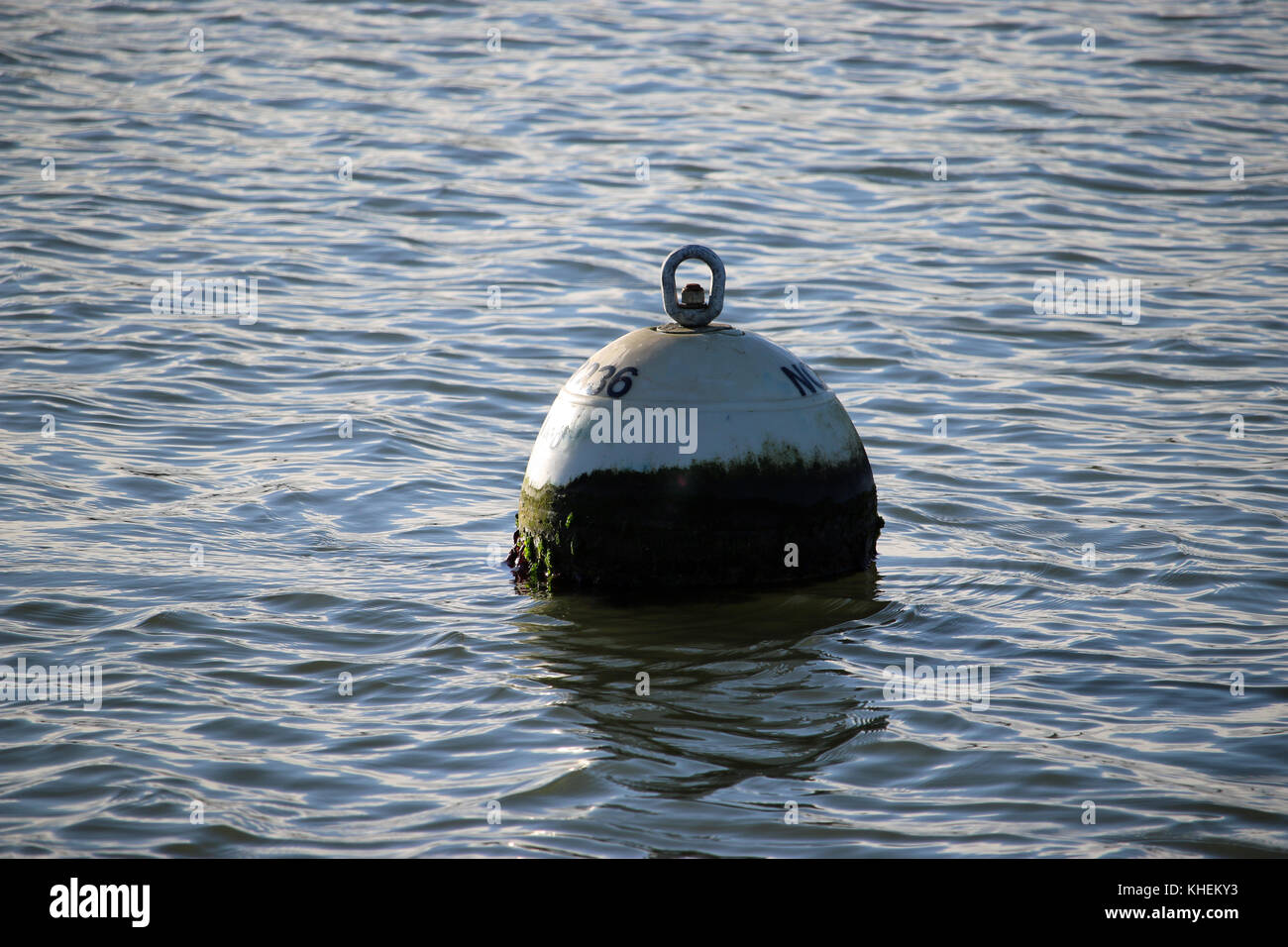 Mooring buoy floating on the River Stour in Suffolk, UK. Background of