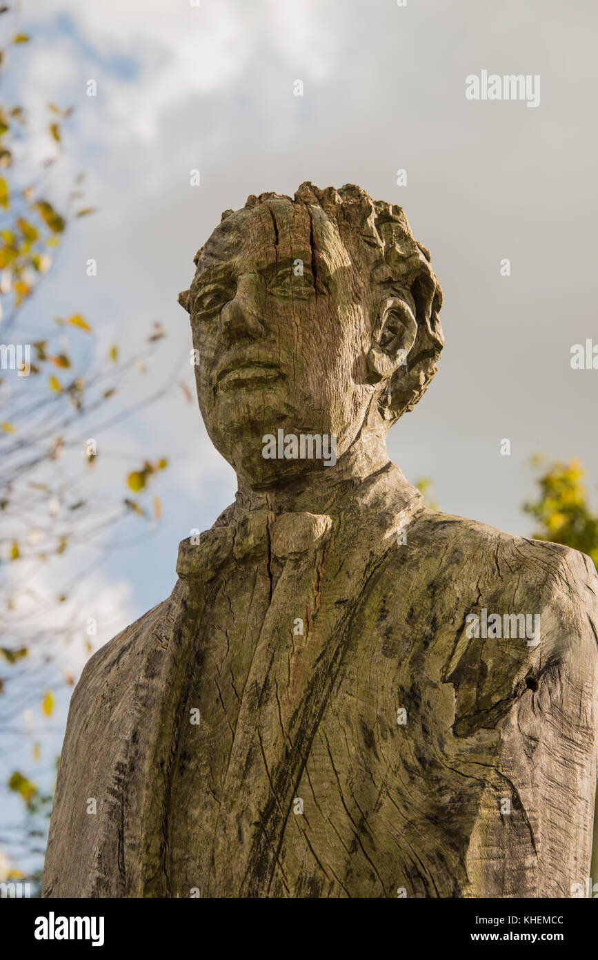 carved wooden bust of Dylan Thomas Stock Photo