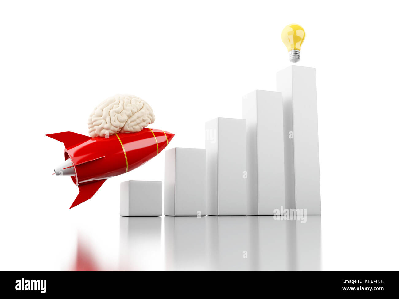 3d illustration. Rocket with brain aiming lightbulb on the top of bar ...