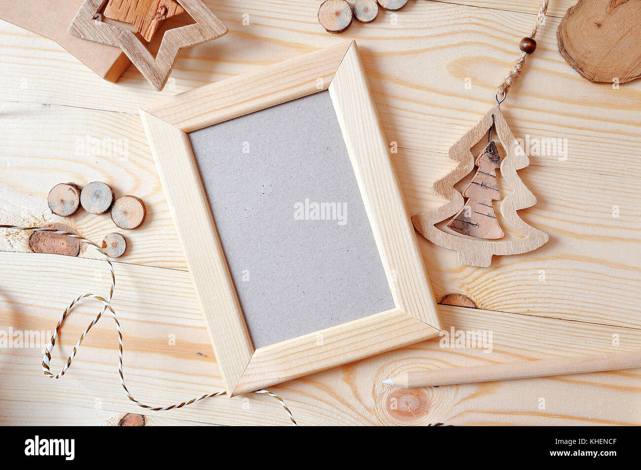 Wooden frame Christmas mockup, stock photography. Design works presentations, for bloggers and social media Stock Photo