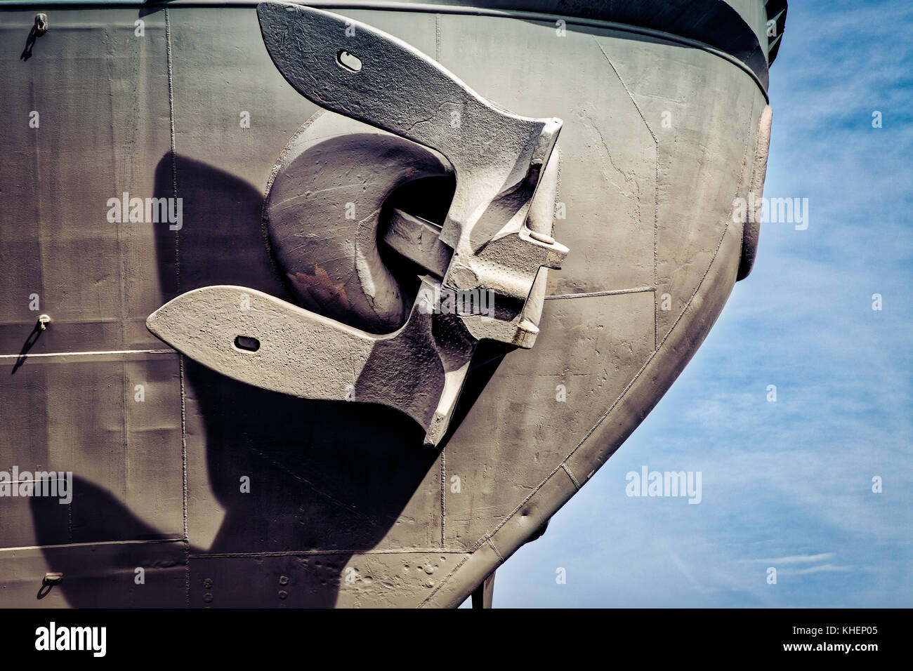 The bow and anchor of a retired US Navy warship now maintained in Virginia. Stock Photo