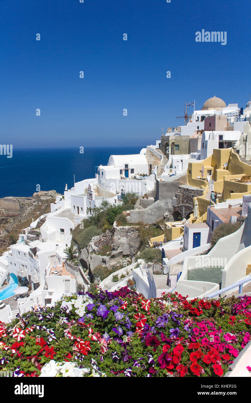 View on houses at the crater edge, village Oia, Santorin island, Cyclades, Aegean, Greece Stock Photo