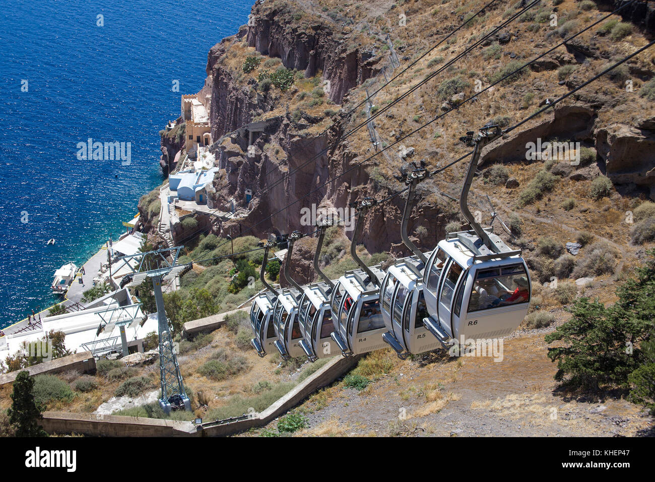 Cable car from Thira to the old harbour, Santorin island, Cyclades, Aegean, Greece Stock Photo