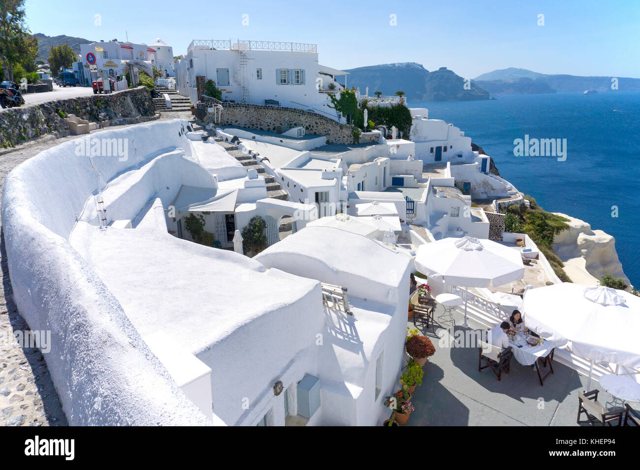 Luxury hotels complex at the crater edge of Oia, Santorin island, Cyclades, Aegean, Greece Stock Photo