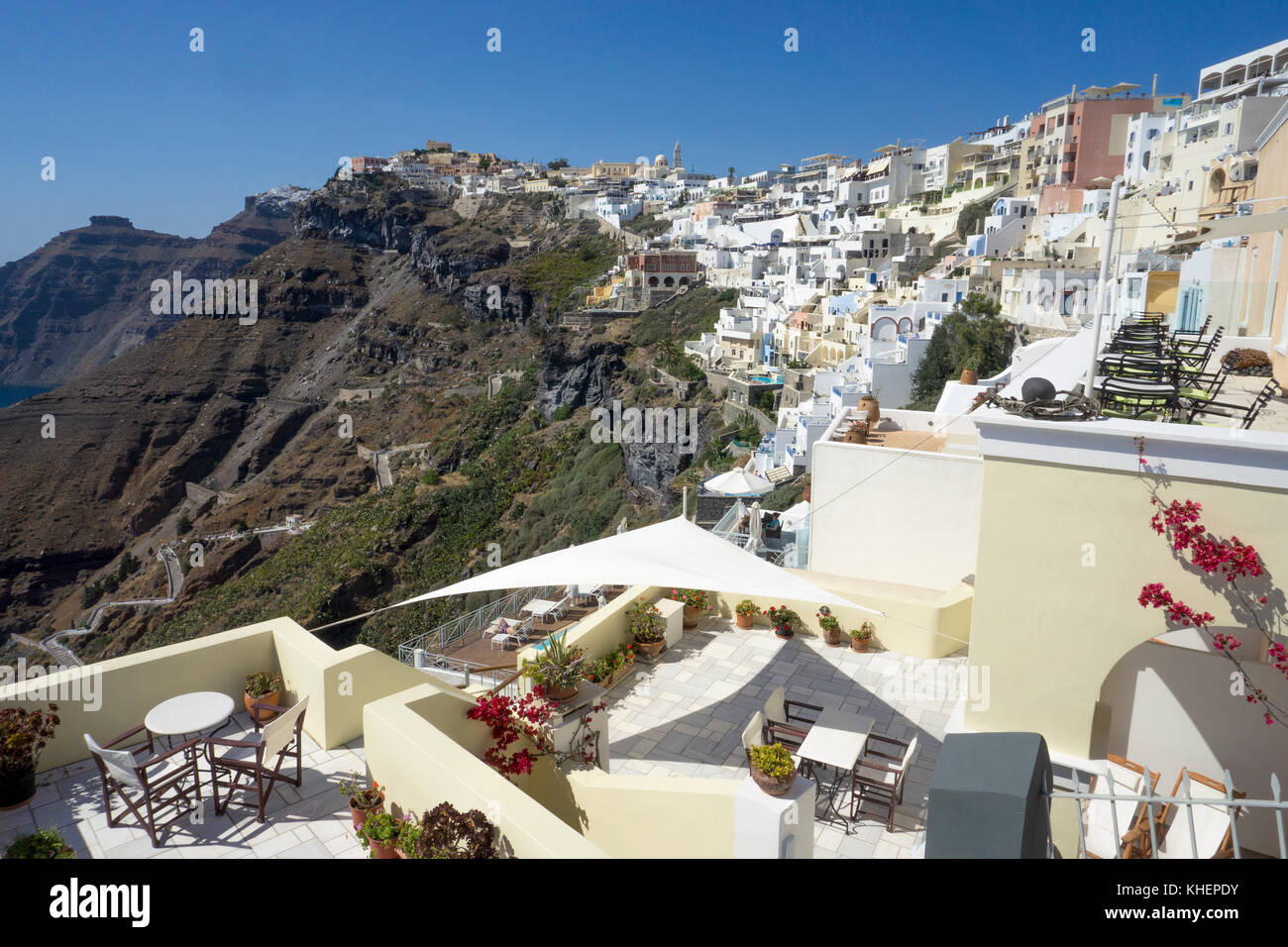 Roof terrace at the crater edge of with view on Caldera, Thira, Santorin island, Cyclades, Aegean, Greece Stock Photo