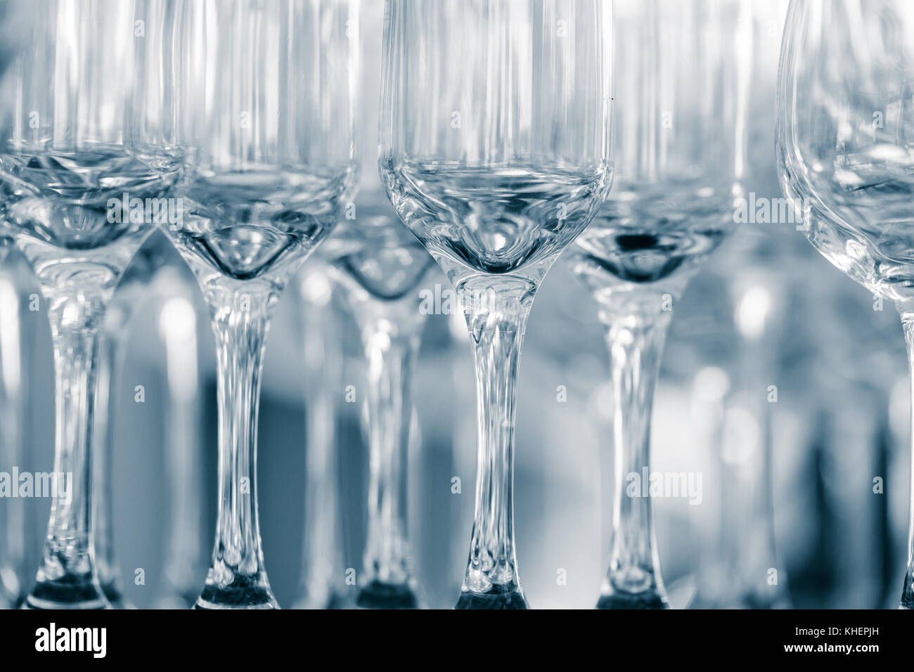 Empty wine glasses in a restaurant Stock Photo
