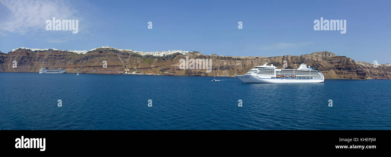 Cruise ship at Thira, Santorin island, Cyclades, Aegean, Greece Stock Photo