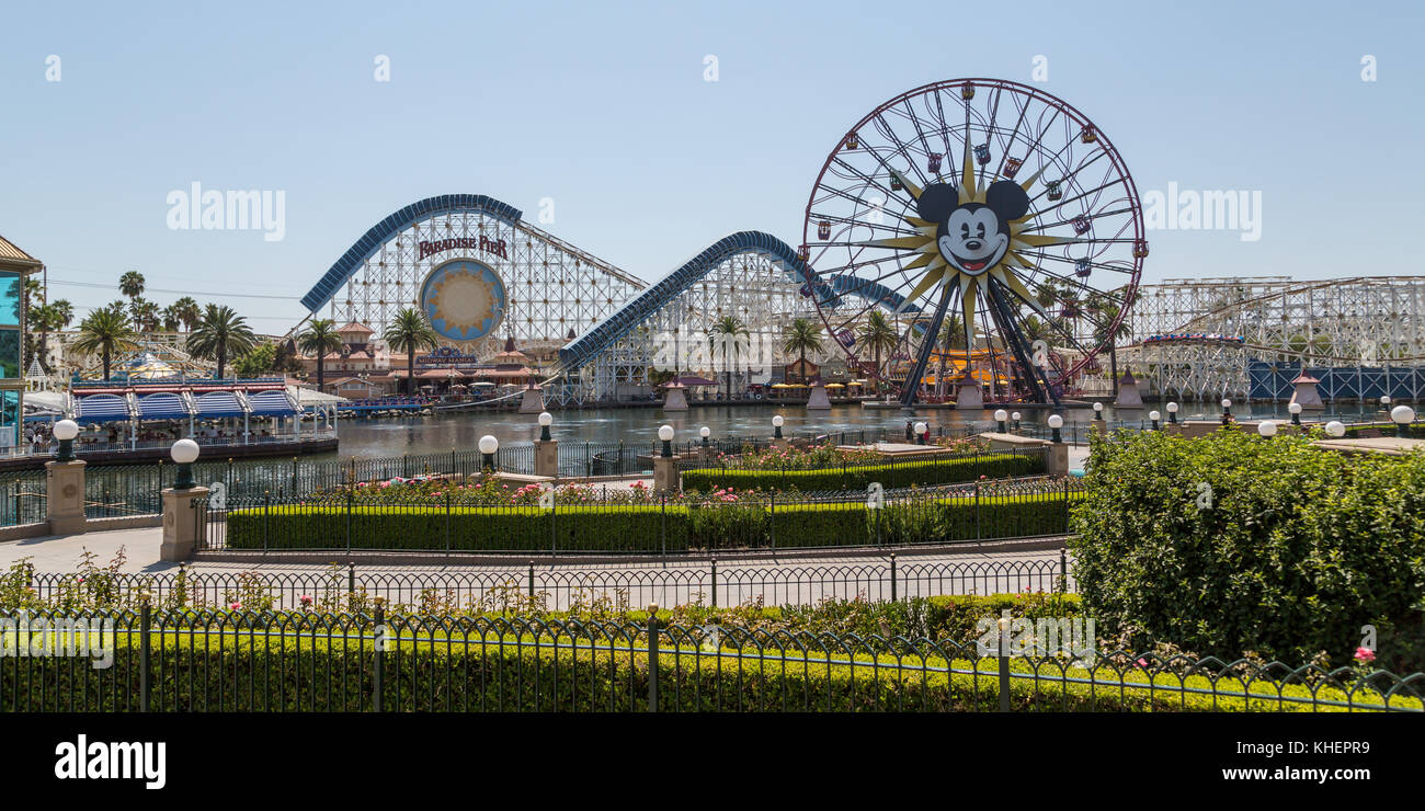 Ferris Wheel Mickey's Fun Wheel and Roller Coaster California Screamin', in front Lake Paradise Bay, California Adventure Park Stock Photo