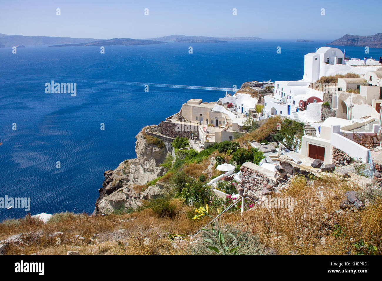 Houses at the crater edge of Oia, Santorin island, Cyclades, Aegean, Greece Stock Photo