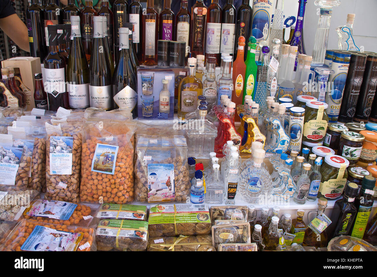 Vinsanto, the famous wine of Santorin and other local specialities, Oia, Santorin island, Cyclades, Aegean, Greece Stock Photo