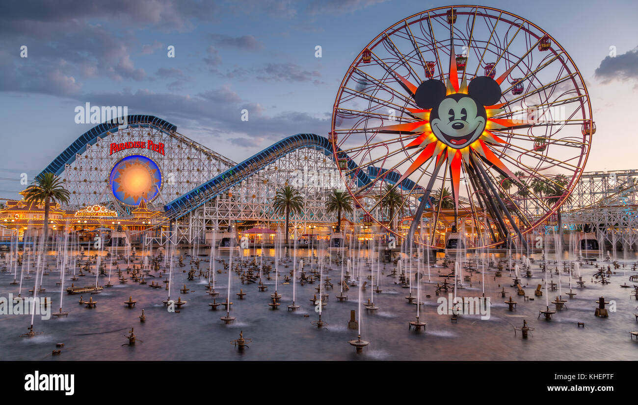 Ferris Wheel Mickey's Fun Wheel and Roller Coaster California Screamin', in front Lake Paradise Bay with water fountains Stock Photo