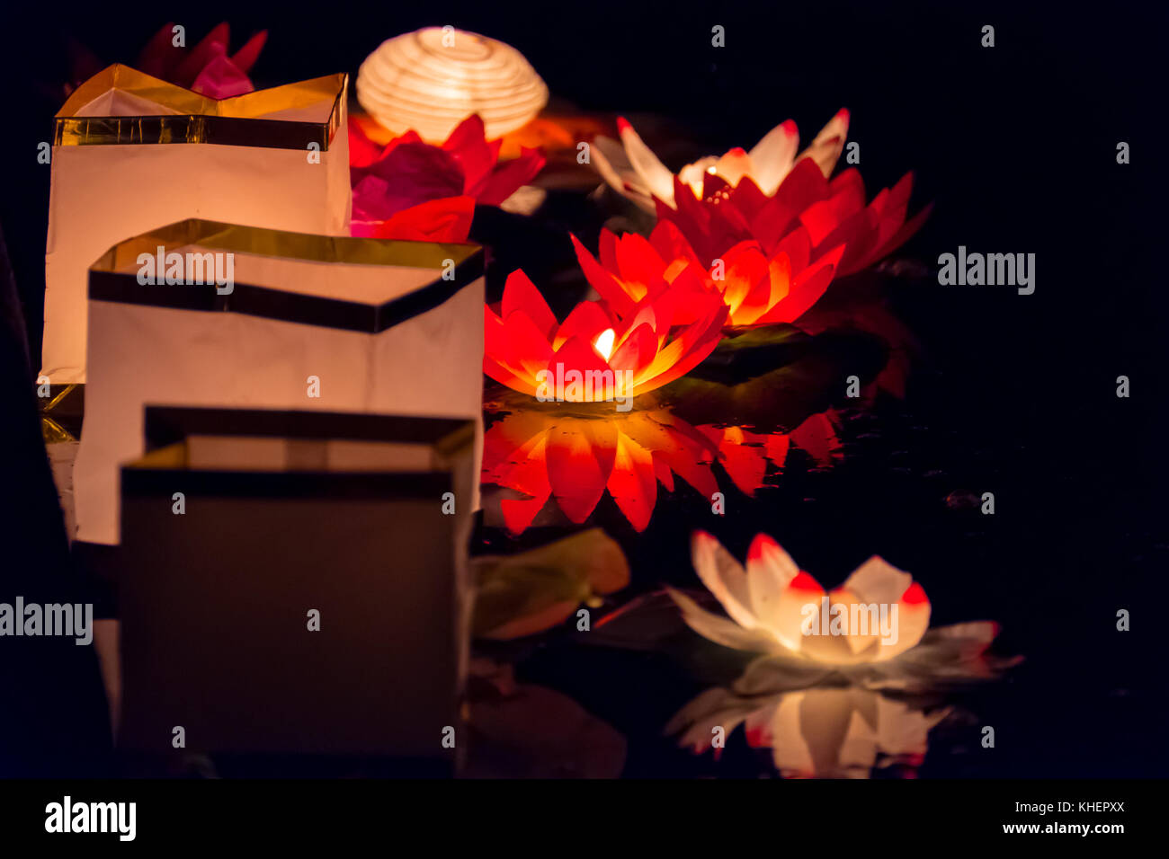 Floating Lotus Flower Paper Lanterns On Water Stock Photo Alamy