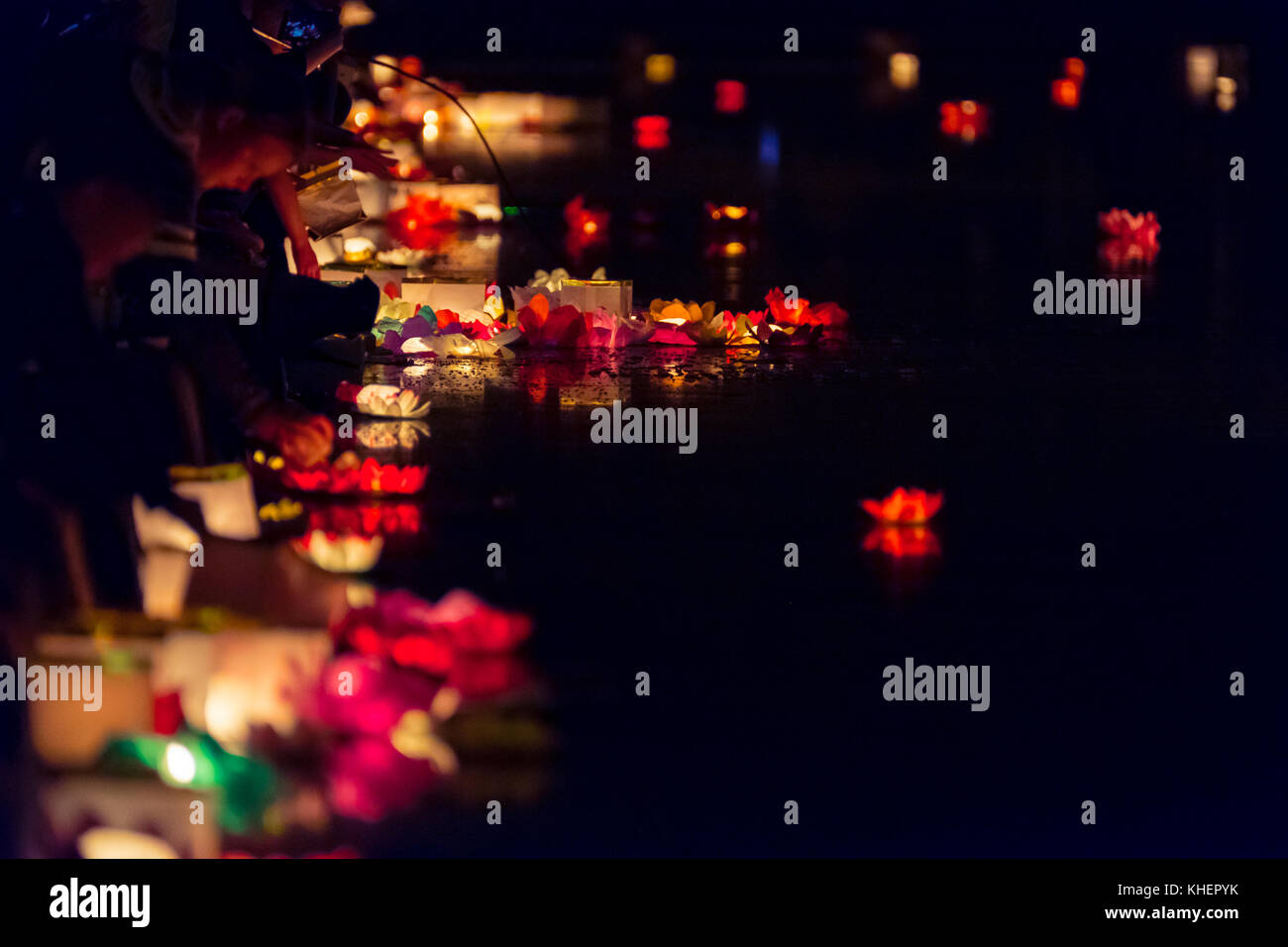 Floating Lotus Flower Paper Lanterns On Water Stock Photo Alamy