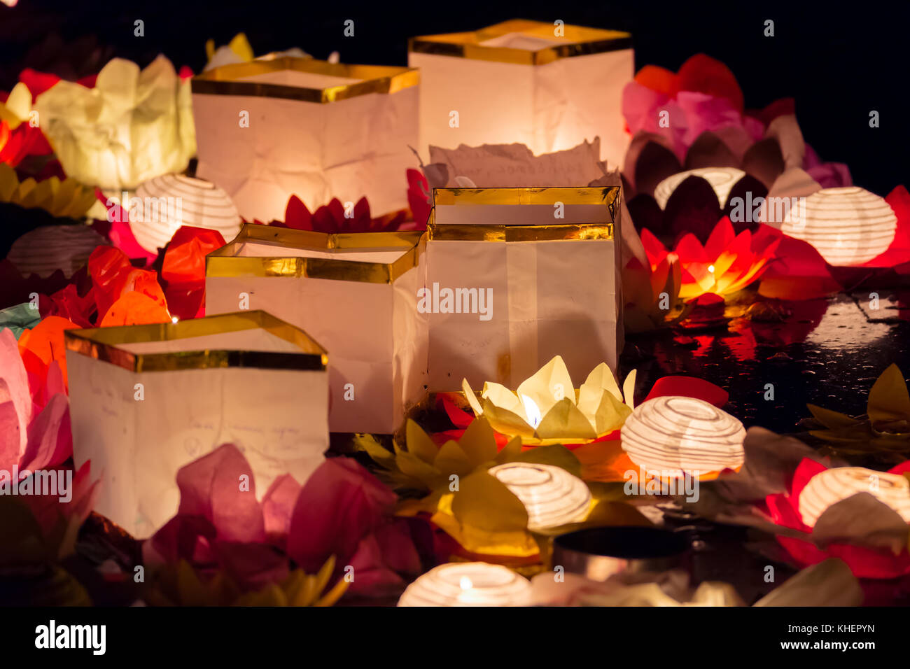 Floating Lotus Flower Paper Lanterns On Water Stock Photo Alamy