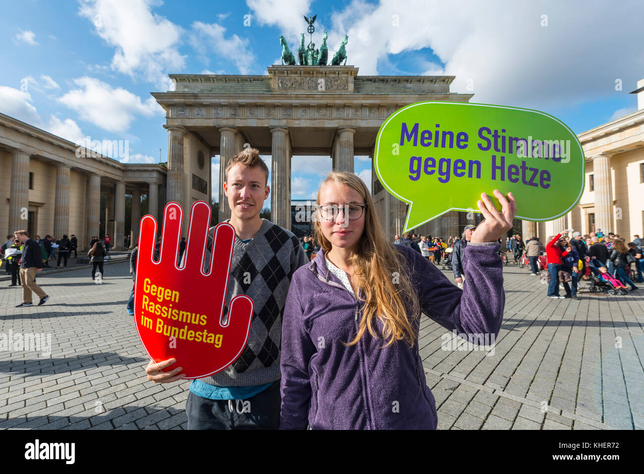 Two students with shield My vote against hate, against racism in the Bundestag, Anti AFD-Demo, Brandenburg Gate, Berlin, Germany Stock Photo