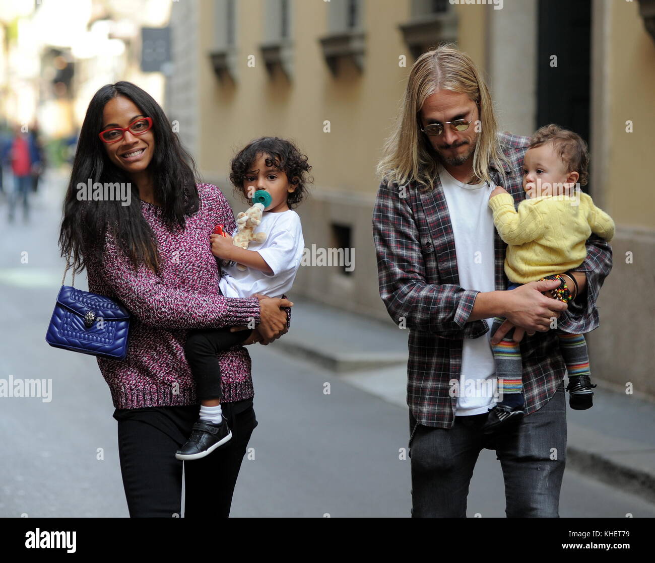 Zoe Saldana with her husband Marco Perego and their children in Milan  Featuring: Zoe Saldana, Marco Perego, Bowie Ezio Perego-Saldana, Cy Aridio Perego-Saldana, Zen Perego-Saldana Where: Milan, Italy When: 29 Sep 2017 Credit: IPA/WENN.com  **Only available for publication in UK, USA, Germany, Austria, Switzerland** Stock Photo