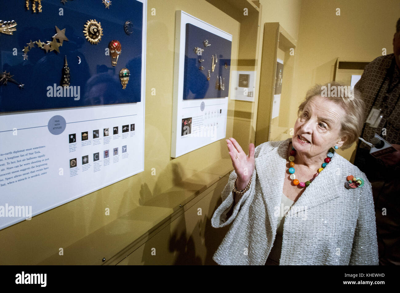 Phoenix, Arizona, USA. 9th Jan, 2014. Former Secretary of State Madeline Albright speaks about her many pins that she used to convey various messages as she met with dignitaries and world leaders during the course of her career first at the United Nations and then in the Clinton administration. The exhibition, ''Read My Pins: The Madeleine Albright Collection'' explores the stories and symbolism behind more than 200 historically significant pins is on display at the Phoenix Art Museum in Arizona. She also spoke about North Korea, Russia, Iraq, Dennis Rodman and Robert Gates. (Credit Image: Stock Photo