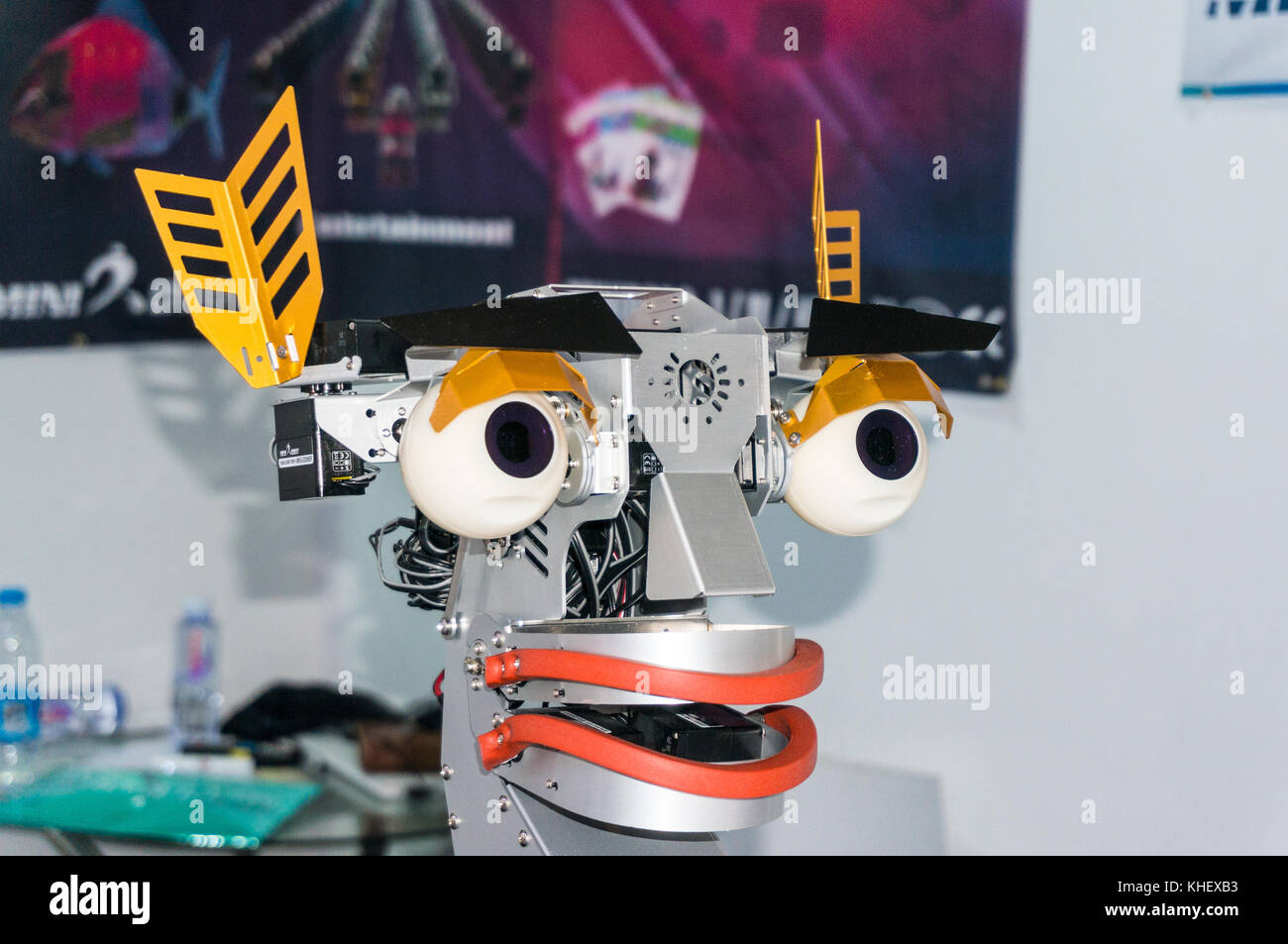 Funny Korean robot minirobot face facial expressions at China hi-tech fair in Shenzhen, known as 'Silicon Valley of China', Shenzhen, China. Stock Photo