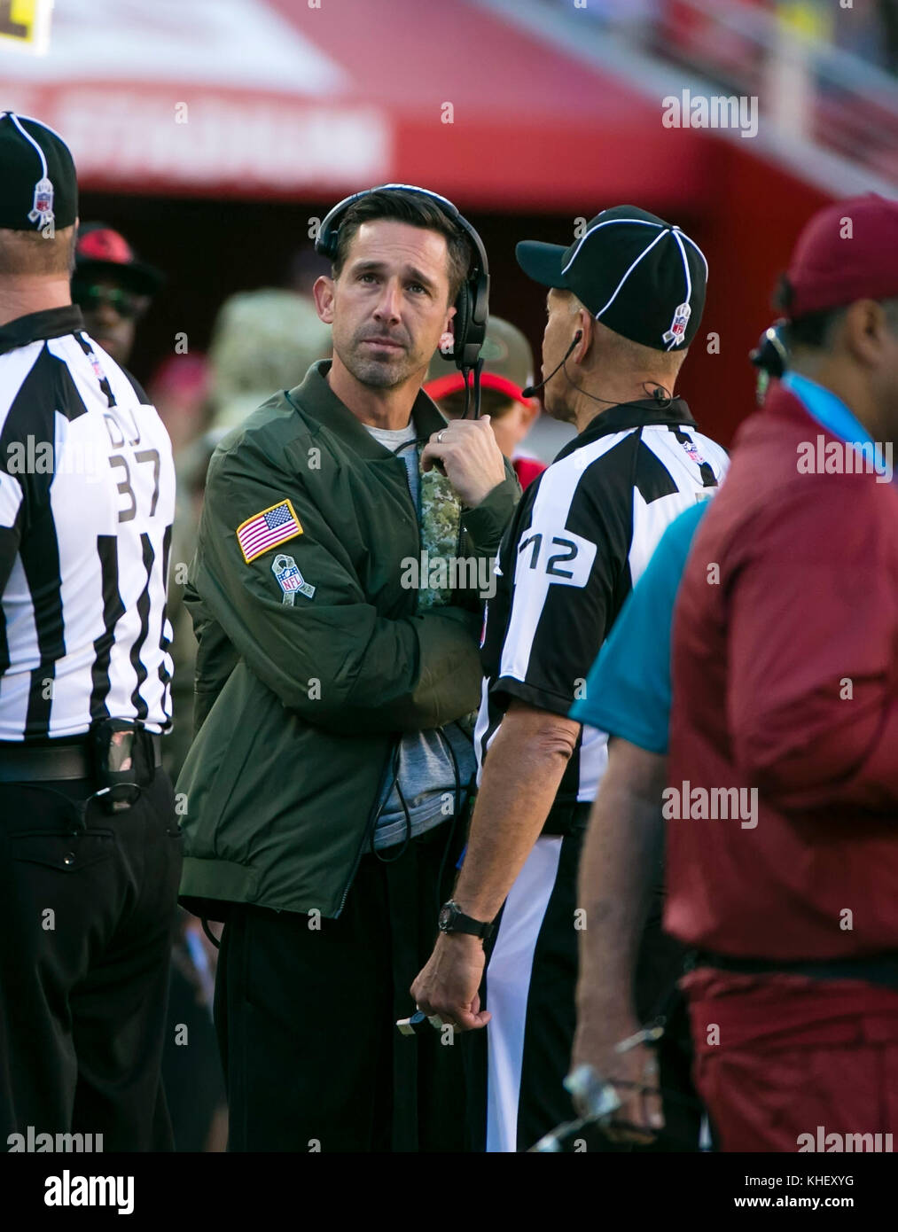 Santa Clara, CA. 12th Nov, 2017. San Francisco 49ers head coach Kyle Shanahan speaks to an official during the NFL football game between the New York Giants and the San Francisco 49ers at Levi's Stadium in Santa Clara, CA. The 49ers defeated the Giants 31-21.Damon Tarver/Cal Sport Media/Alamy Live News Stock Photo