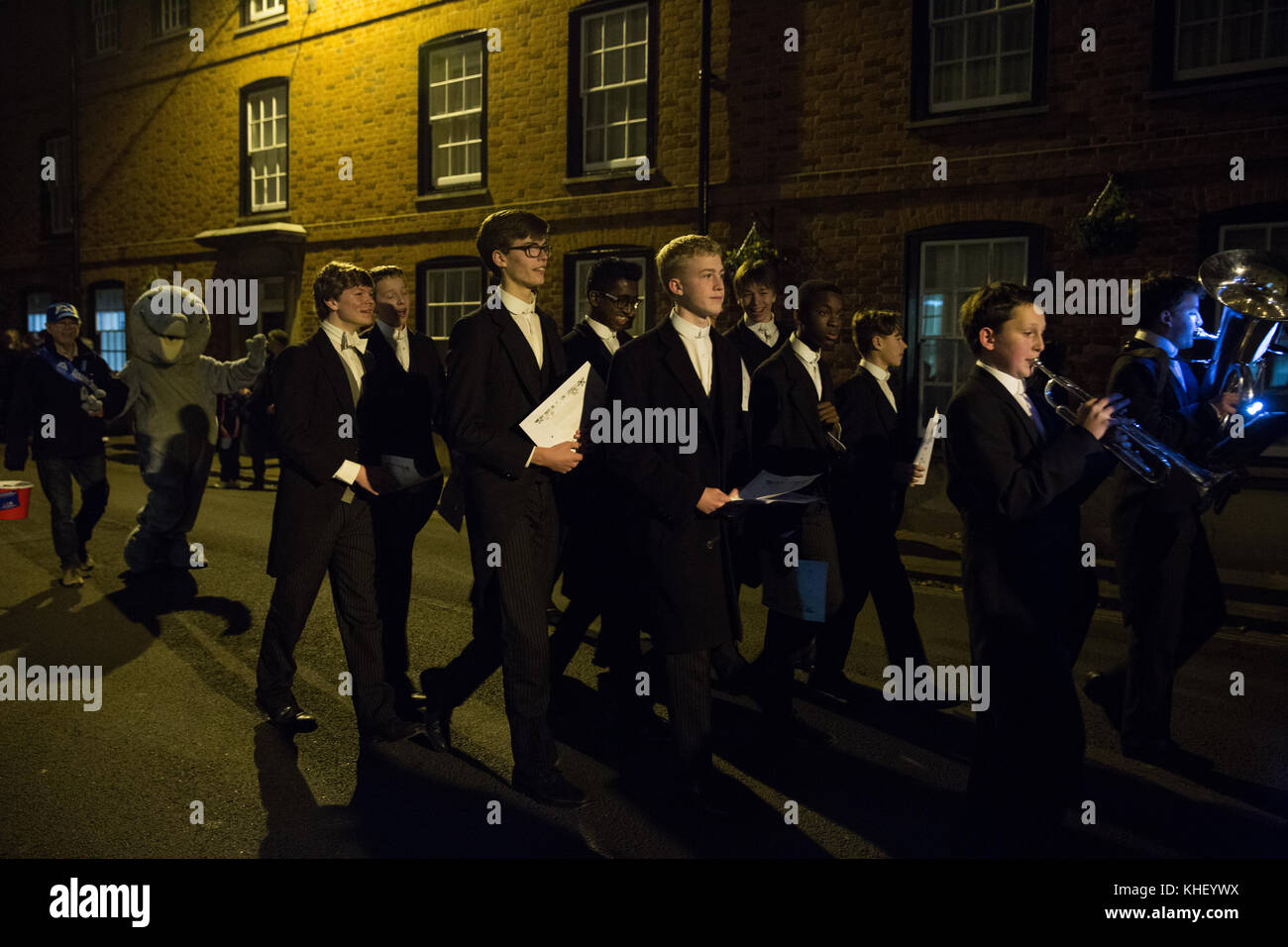 Eton, UK. 16th Nov, 2017. Eton schoolboys accompany Santa Claus, his elves and his reindeer on a procession down Eton High Street before the switching on of the Eton Christmas lights. Credit: Mark Kerrison/Alamy Live News Stock Photo