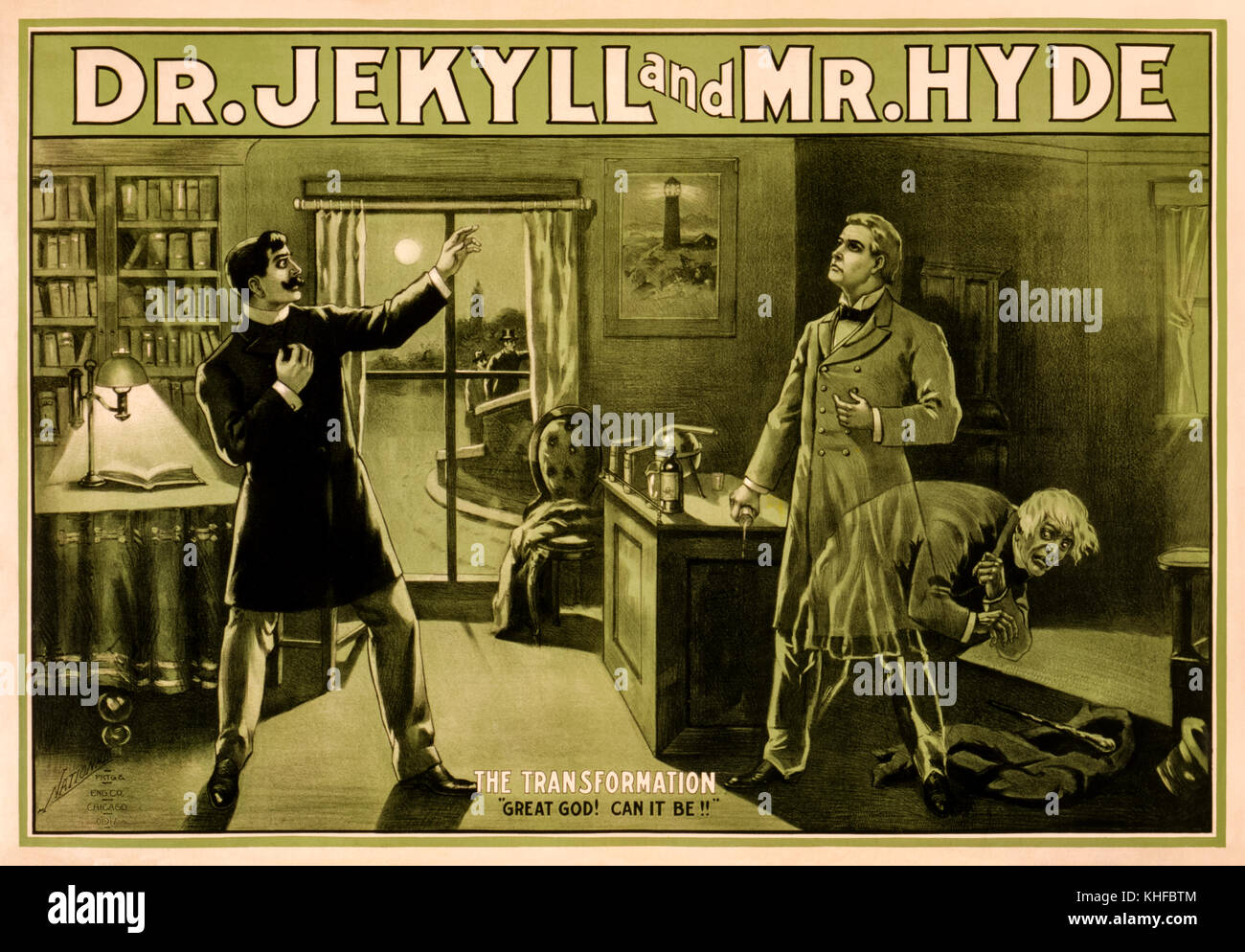 Playbill for ‘Dr. Jekyll and Mr. Hyde’ a 1887 stage adaptation of Robert Louis Stevenson (1850-1894) Gothic novel the ‘Strange Case of Dr Jekyll and Mr Hyde’ published in 1886. Richard Mansfield (1857-1907) played the dual characters of Jekyll and Hyde. Poster from 1888 performance at Hooley's Theatre, Chicago captioned ‘The transformation. 'Great God! Can it be!!'’ showing Dr Hastie Lanyon witnessing the change. Stock Photo