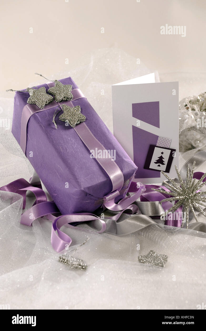 Arrangement of New Year's cards with a gift Stock Photo Alamy