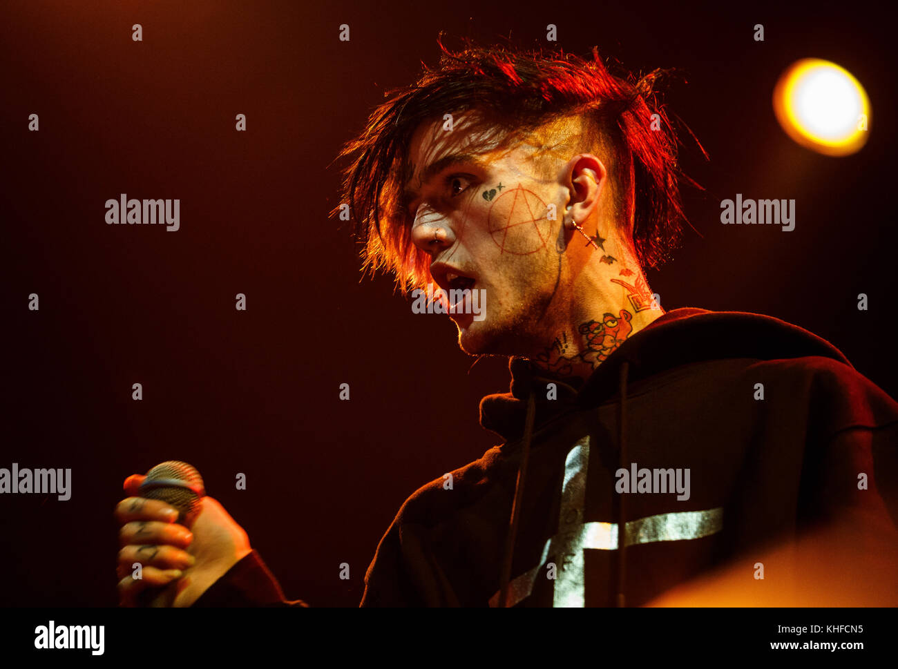 MOSCOW-30 MARCH,2017:Rapper Lil Peep concert in night club.Portrait of ...
