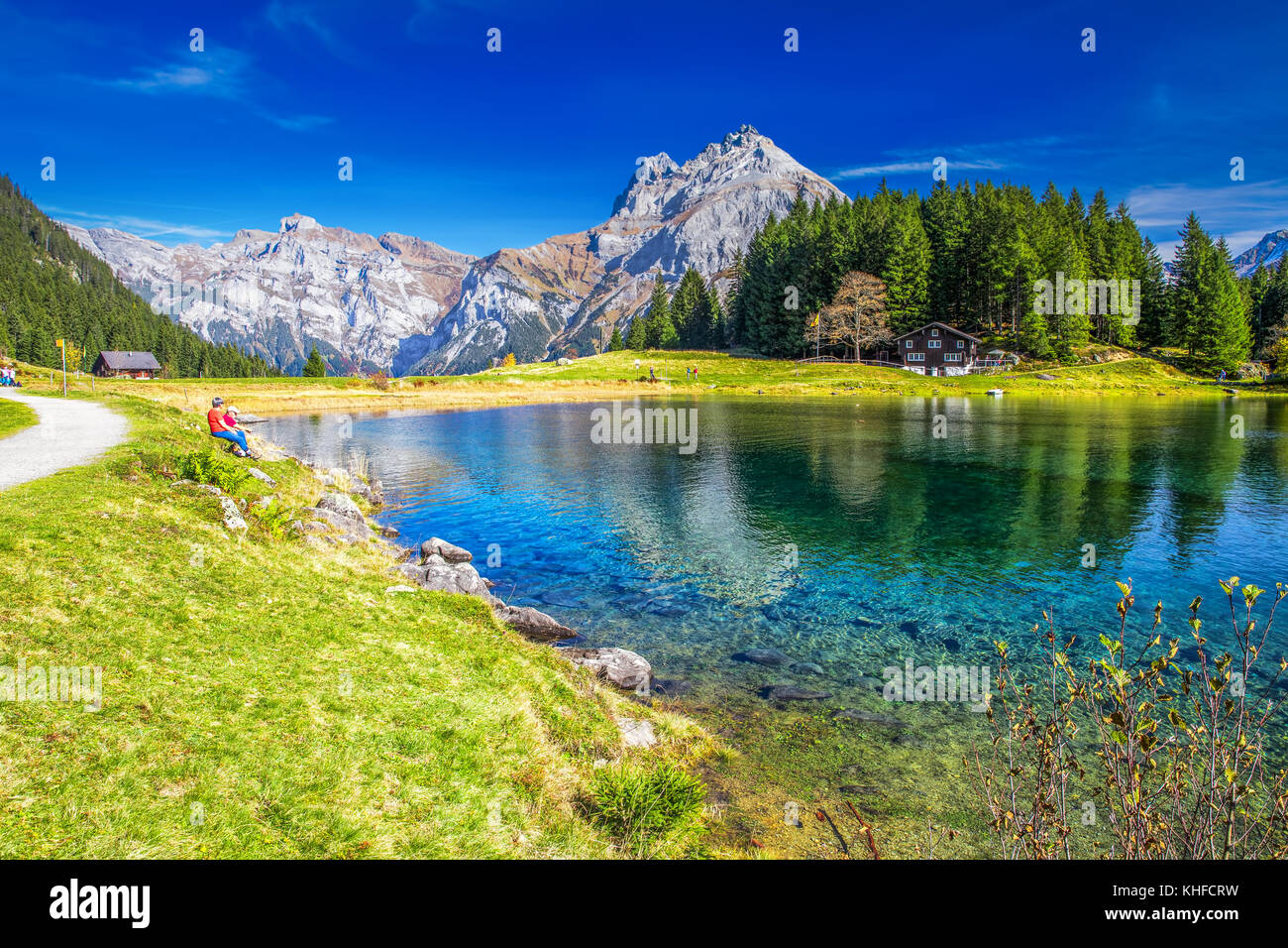 Arnisee with Swiss Alps. Arnisee is a reservoir in the Canton of Uri, Switzerland. Stock Photo