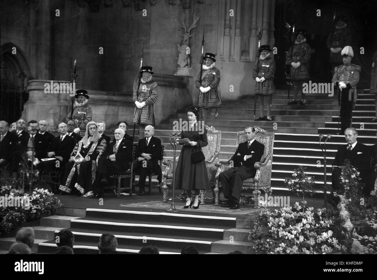 Queen Elizabeth II at the opening of the 46th Inter-Parliamentary Conference in Westminster Hall London September 12th 1957 Stock Photo