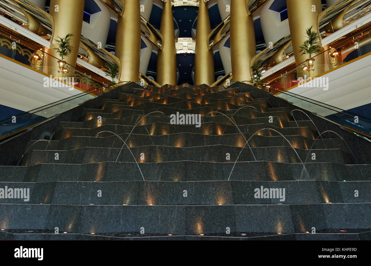 The Massive Fountain Linking the Upper and Lower Lobby in the Burj al Arab Hotel, Dubai, UAE Stock Photo