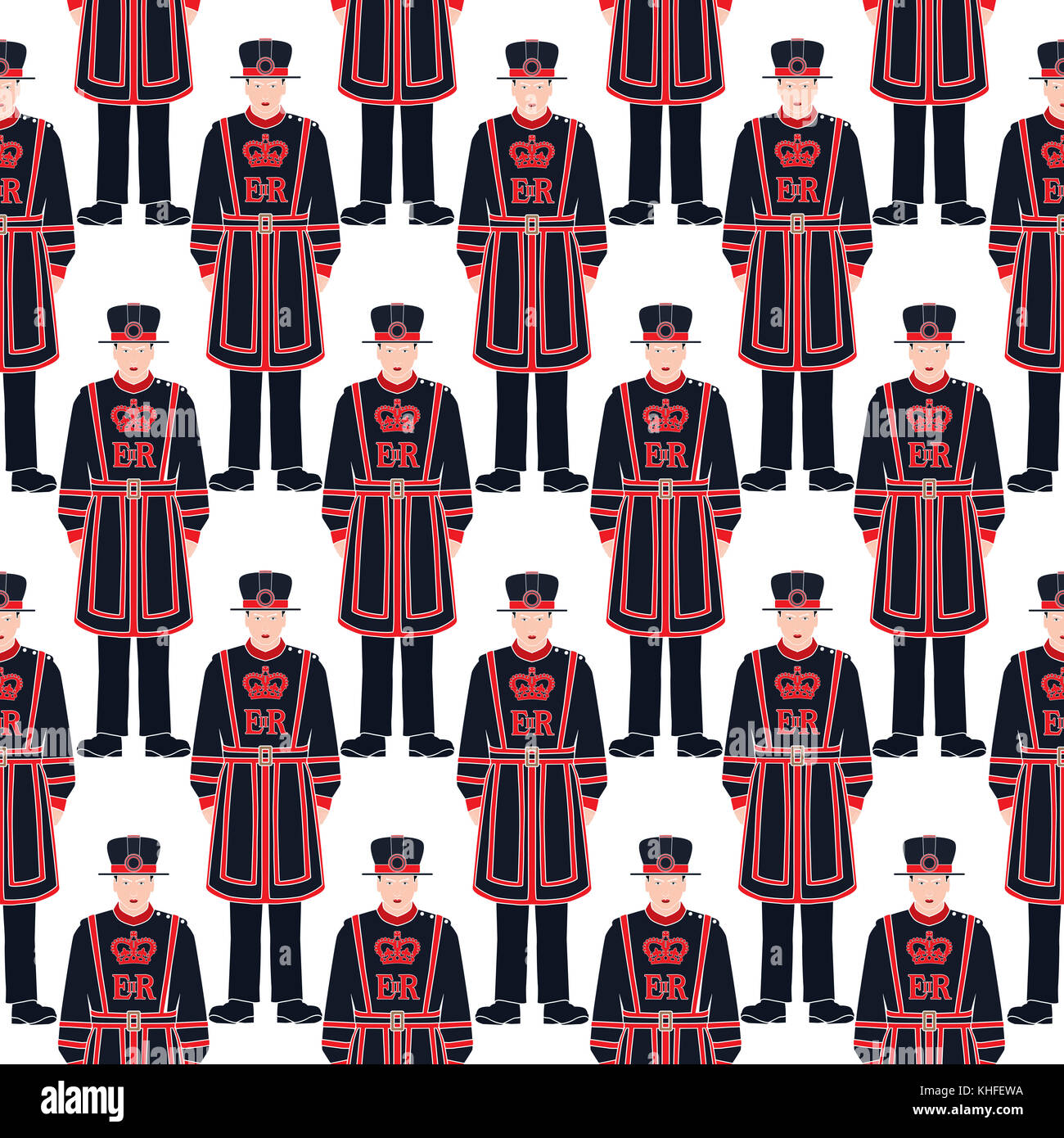 Beefeater soldier - Yeoman warder - London symbol - seamless vector pattern - silhouette - stencil - isolated detailed illustration Stock Photo