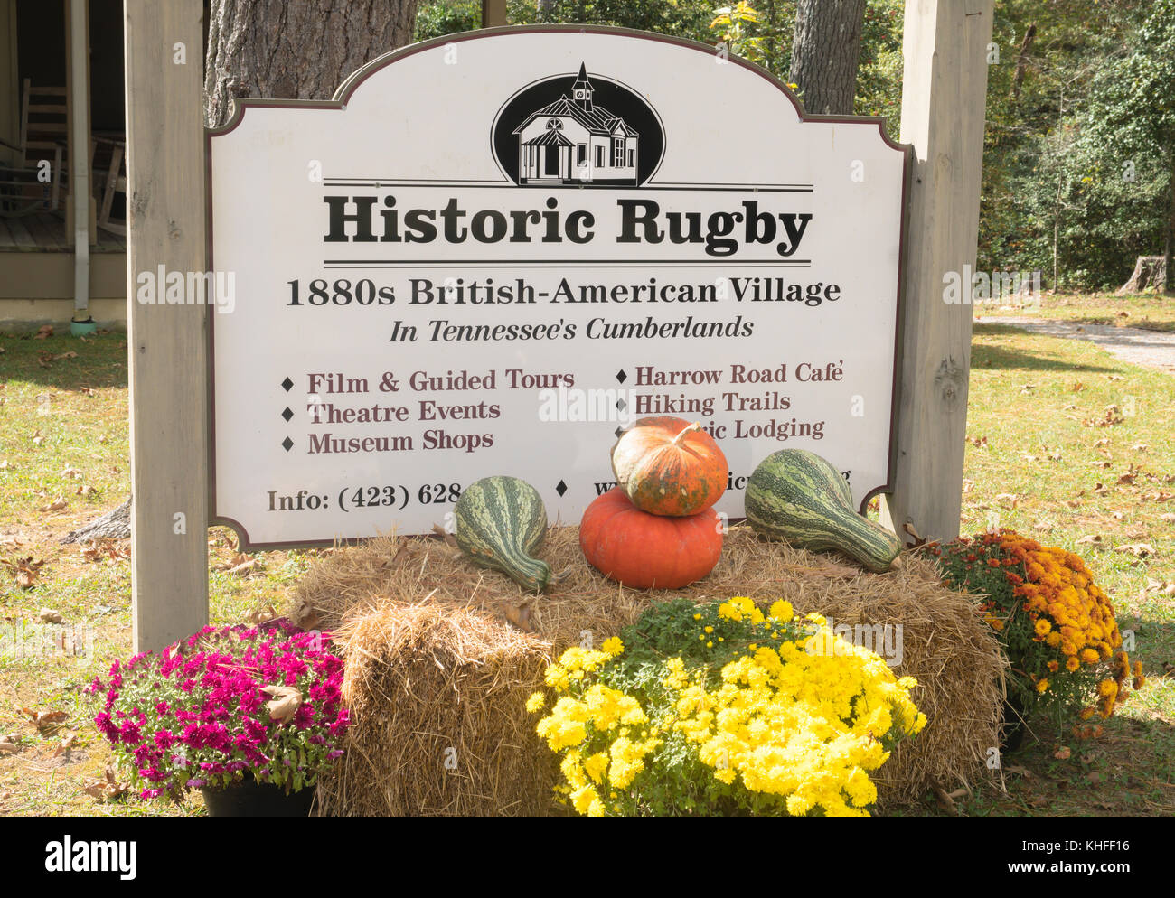 Sign for Historic Rugby Tennessee.  A restored British-American Victorian era village founded by Thomas Hughes in rural east Tennessee Stock Photo
