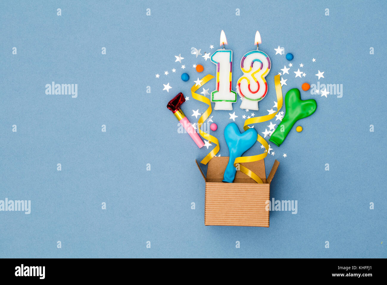 Number 13 celebration present background. Gift box exploding with party ...