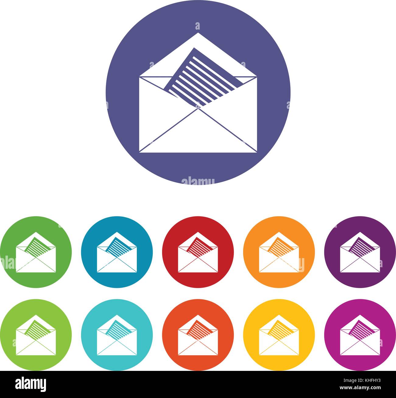 Open envelope with sheet of paper set icons in different colors ...