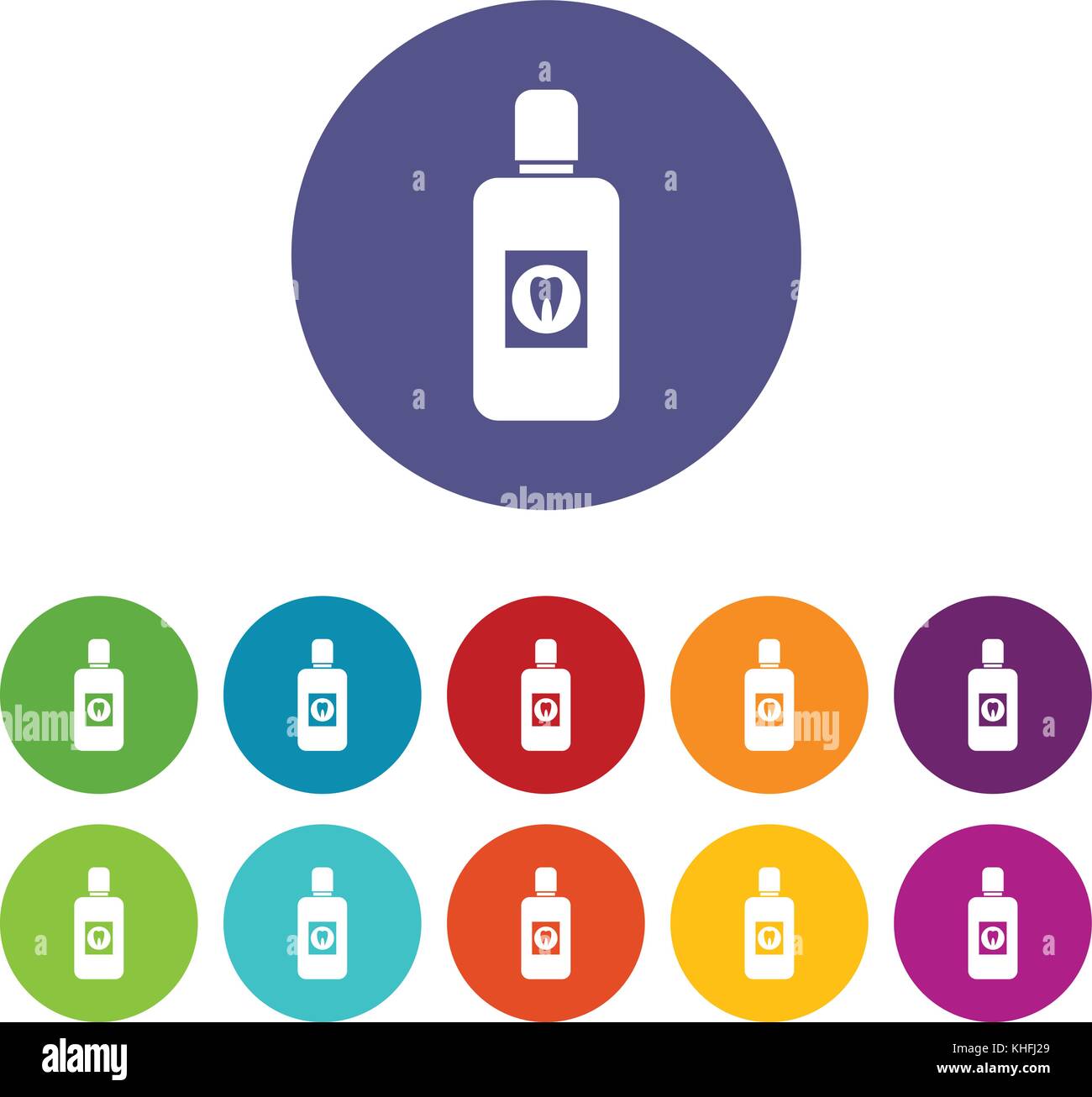 Bottle of green mouthwash set icons in different colors isolated on