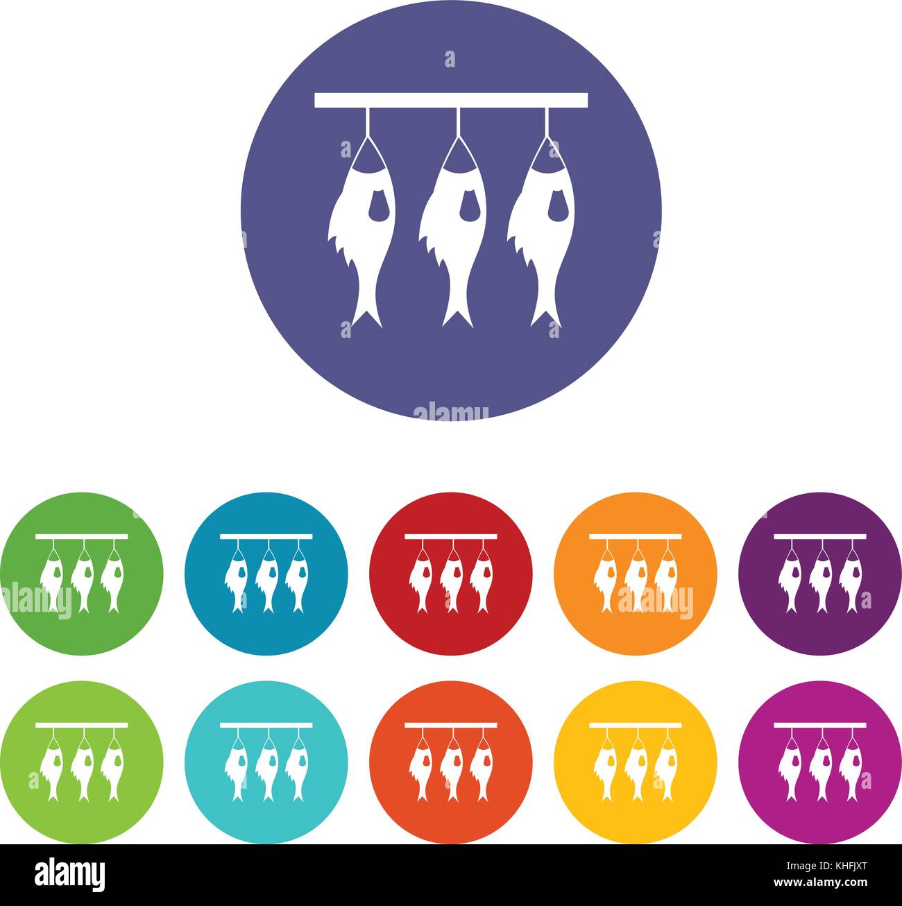 Three dried fish hanging on a rope set icons Stock Vector