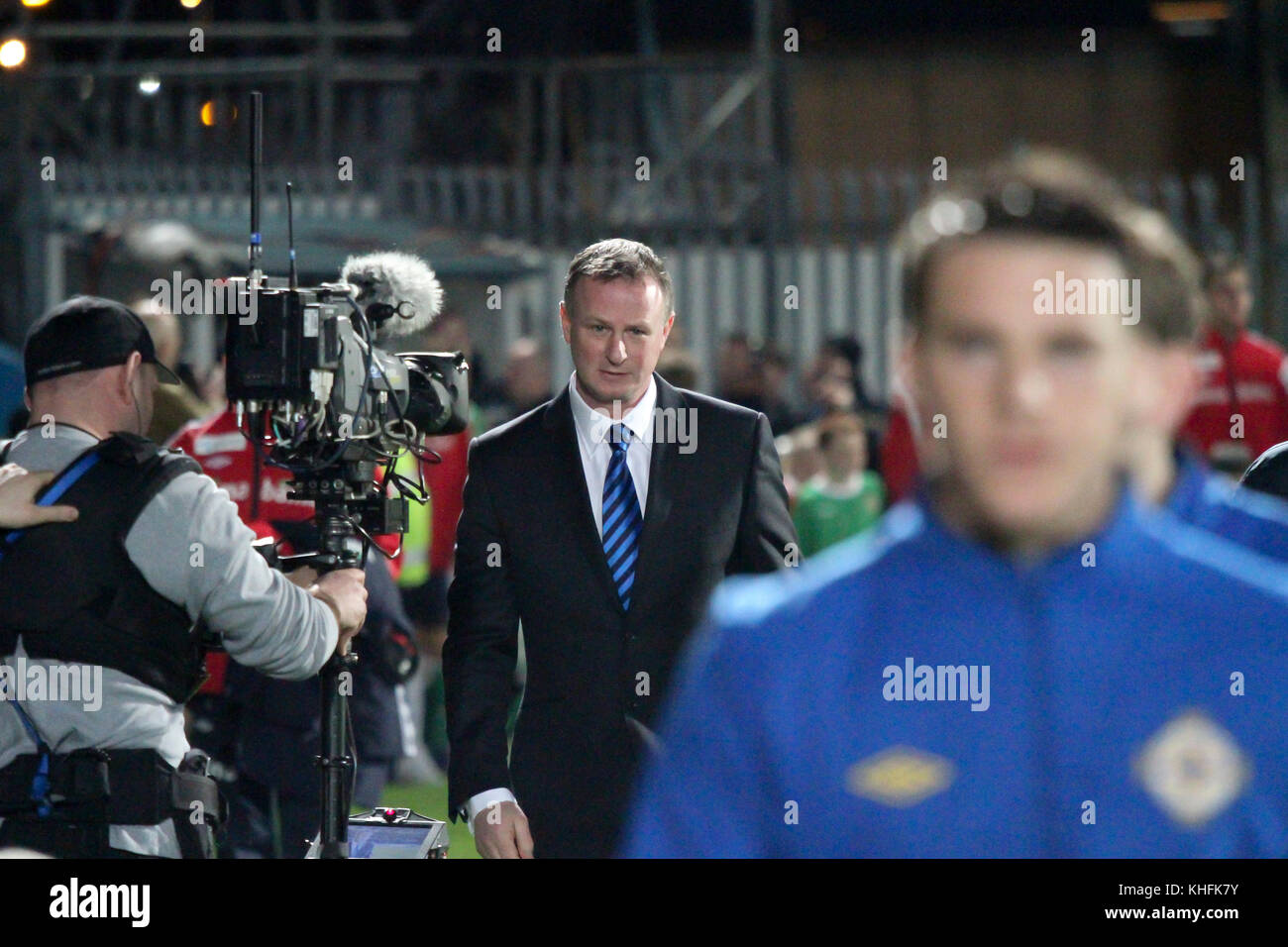 Michael O'Neill's first game in charge of Northern Ireland. O'Neill succeeded Nigel Worthington and his first game was at home to Norway on 29 February 2012 at Windsor Park Belfast. O'Neill makes his way to the dugout. Stock Photo
